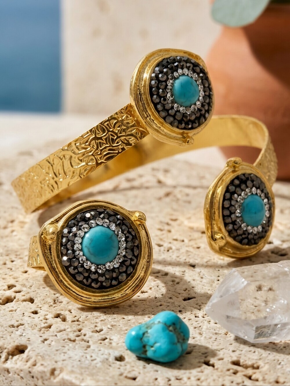 18K Gold Plated Turkish Turquoise Cuff and Ring Set Bohemian Mediterranean 8-10